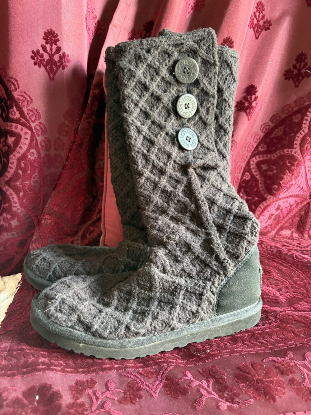 UGG Grey Quilted Knit Button Mid-Calf Boots Size 6